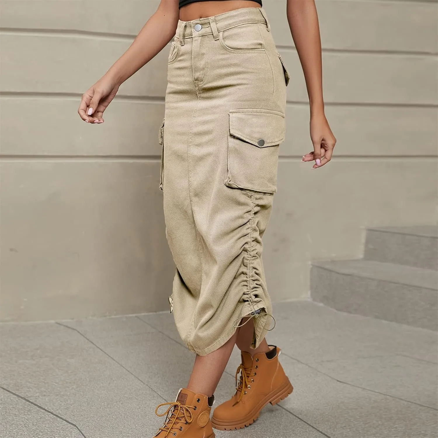 Apparel Short Women's Casual High Waist Cargo Skirt Denim Skirt Comfy Stretch Long Skirt A line A Line Swing Midi