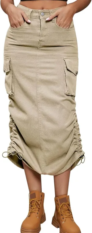 Apparel Short Women's Casual High Waist Cargo Skirt Denim Skirt Comfy Stretch Long Skirt A line A Line Swing Midi