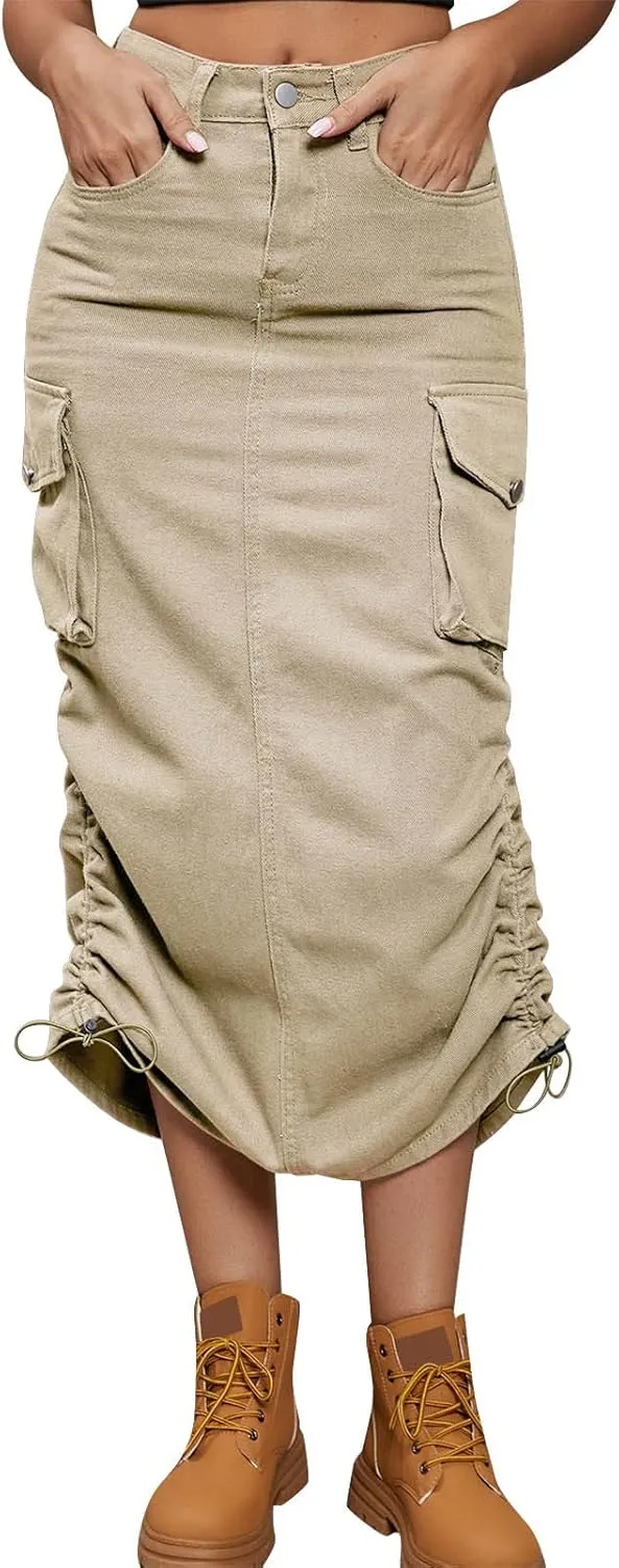 Apparel Short Women's Casual High Waist Cargo Skirt Denim Skirt Comfy Stretch Long Skirt A line A Line Swing Midi