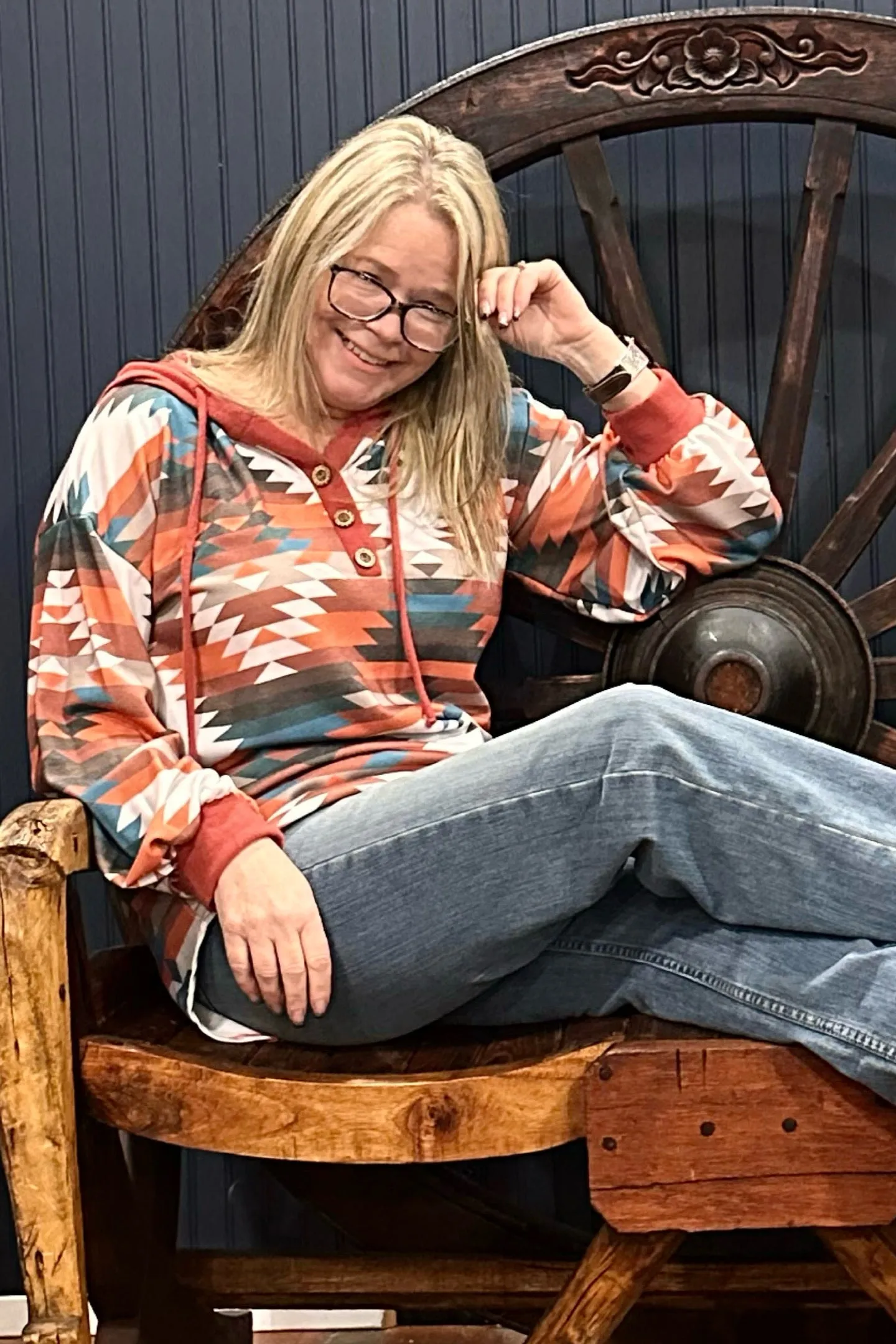 Aztec Print Button Detail Relaxed Fit Hoodie Rust