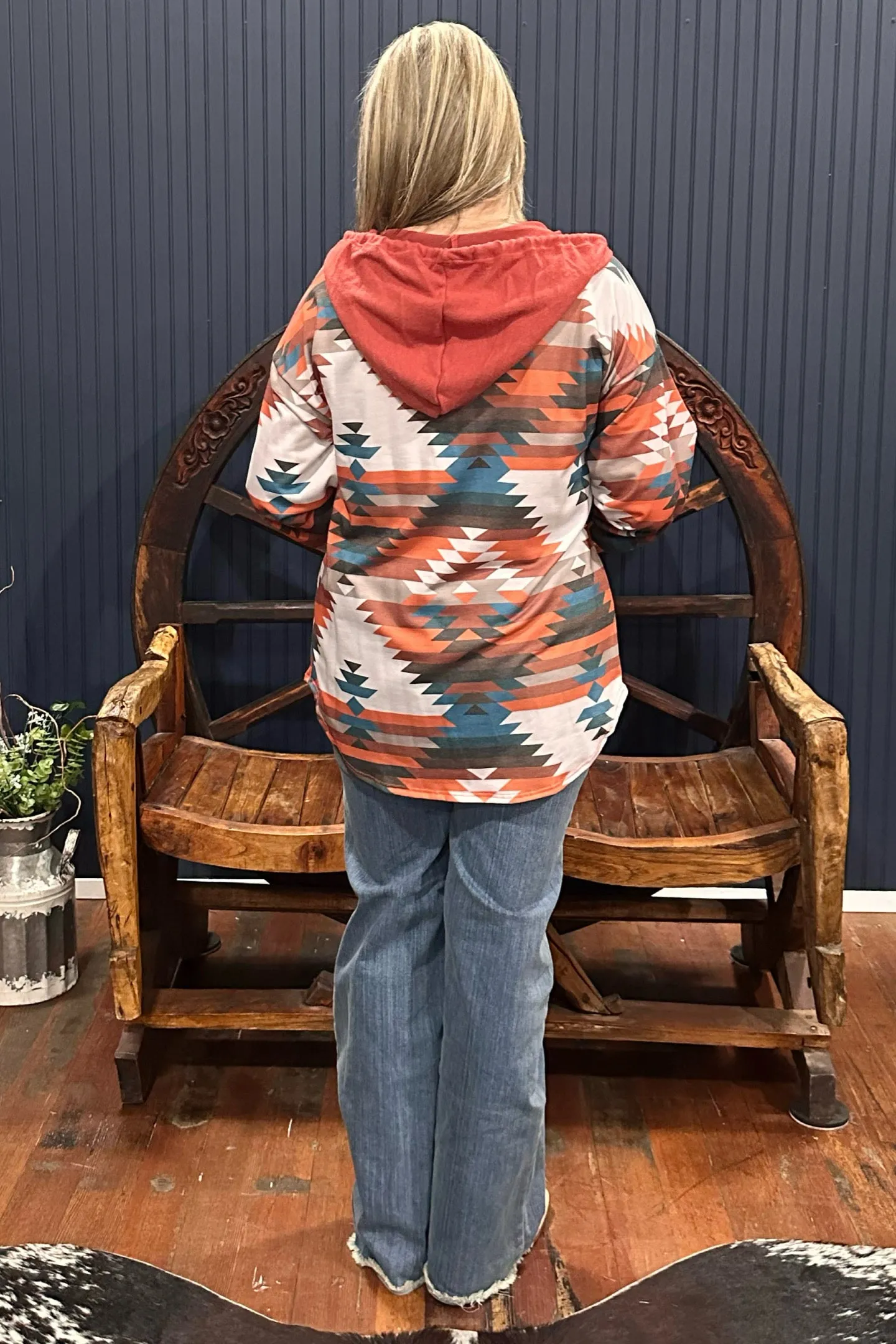 Aztec Print Button Detail Relaxed Fit Hoodie Rust