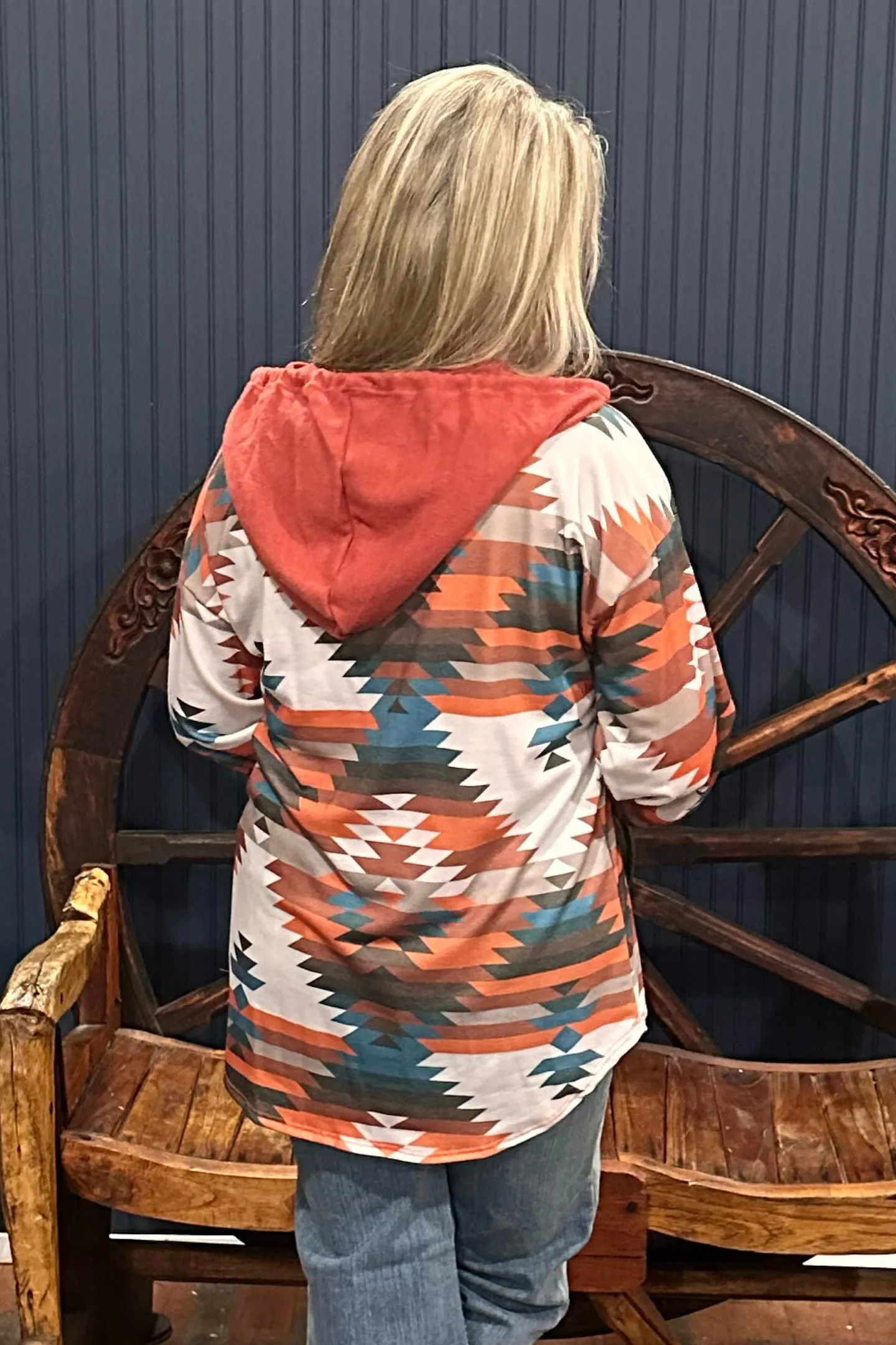 Aztec Print Button Detail Relaxed Fit Hoodie Rust