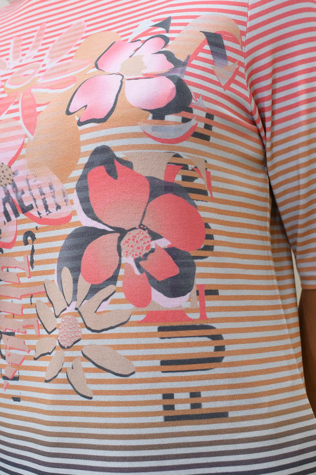 Barbara Lebek Coral & Grey Stripe Top With Floral Graphic-80050052