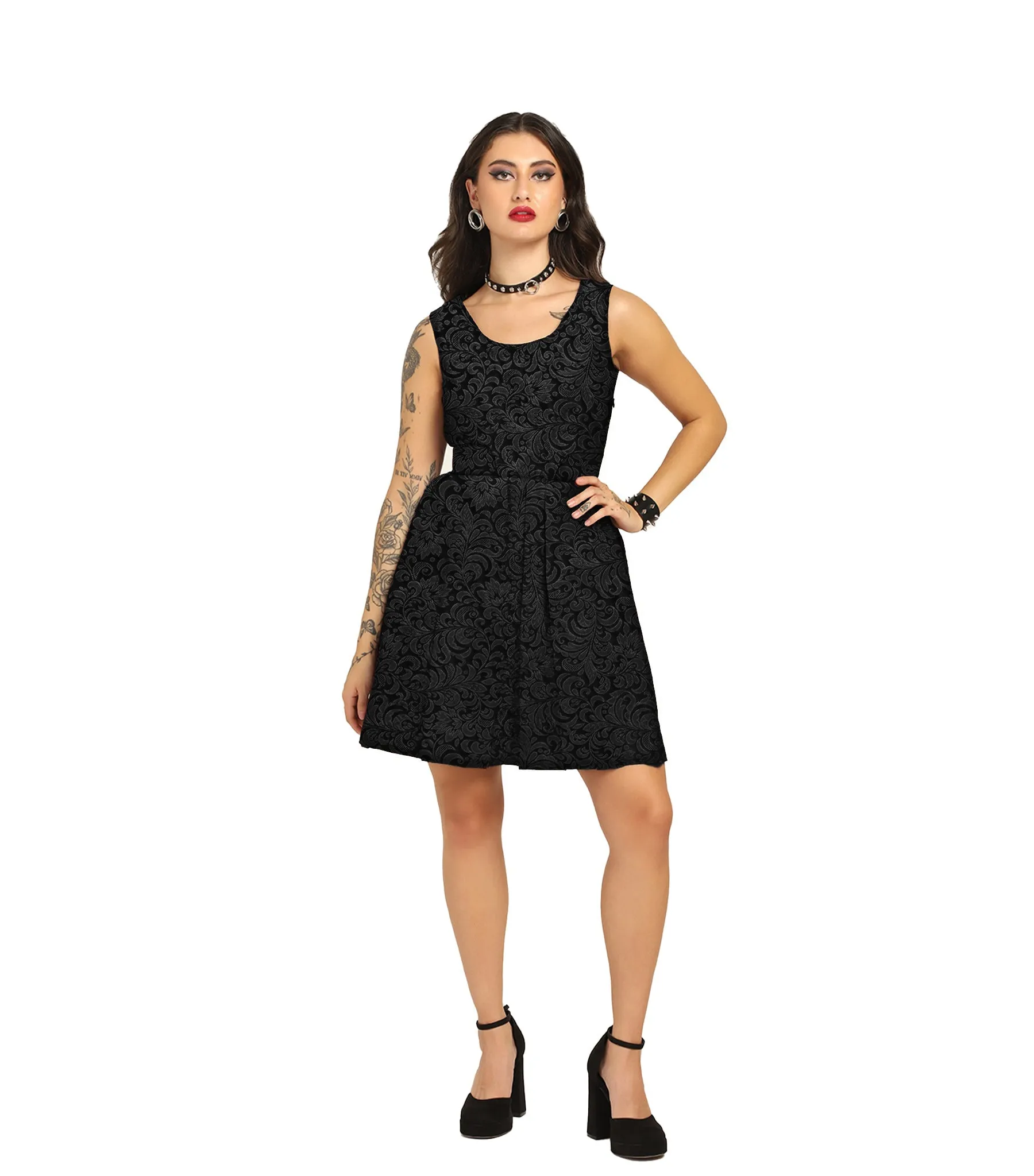 Black Brocade Charm - Trendy Pleated Brocade Dress
