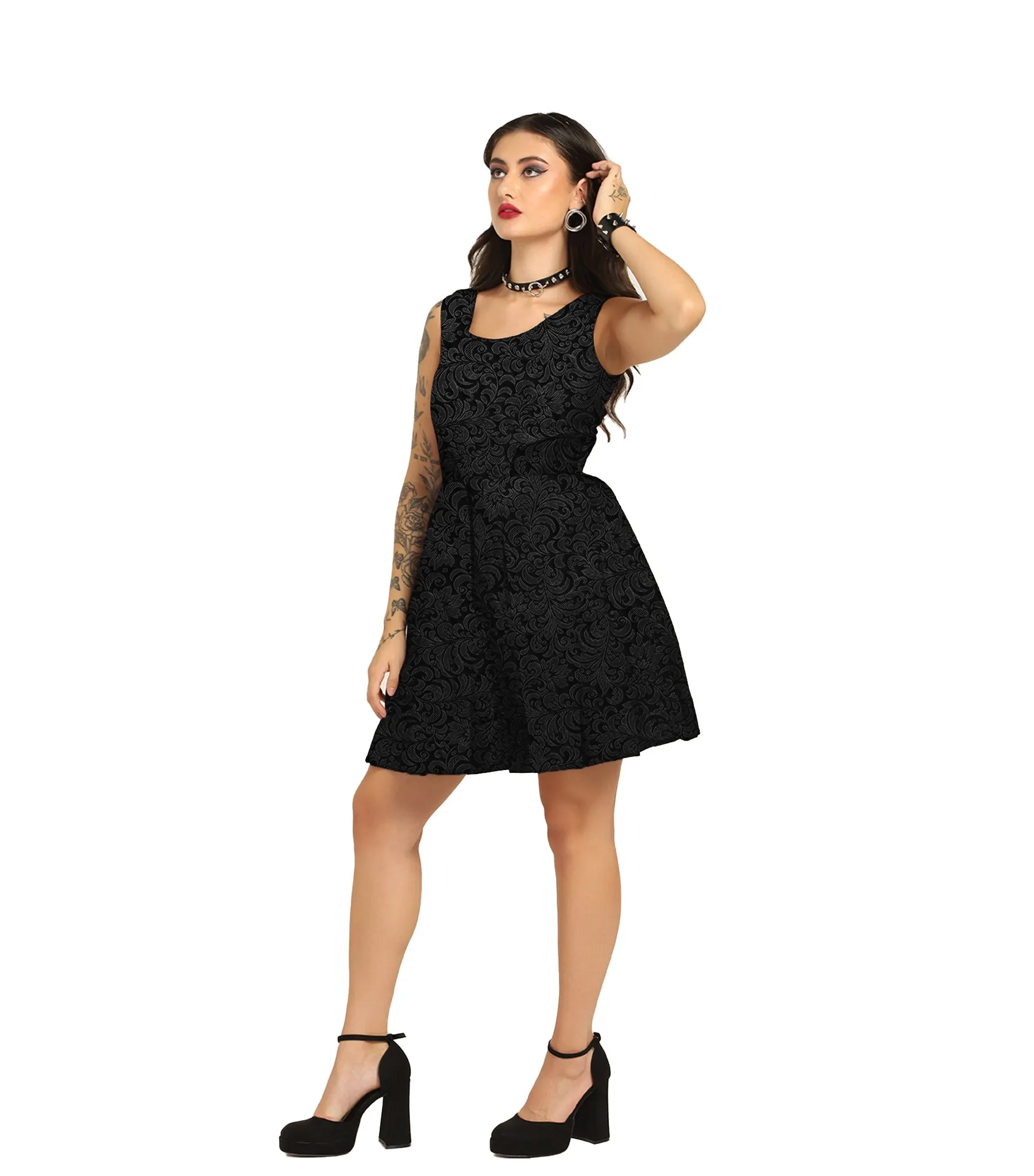Black Brocade Charm - Trendy Pleated Brocade Dress