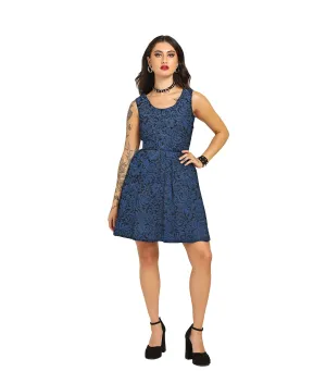 Blue Brocade Charm - Trendy Pleated Brocade Dress