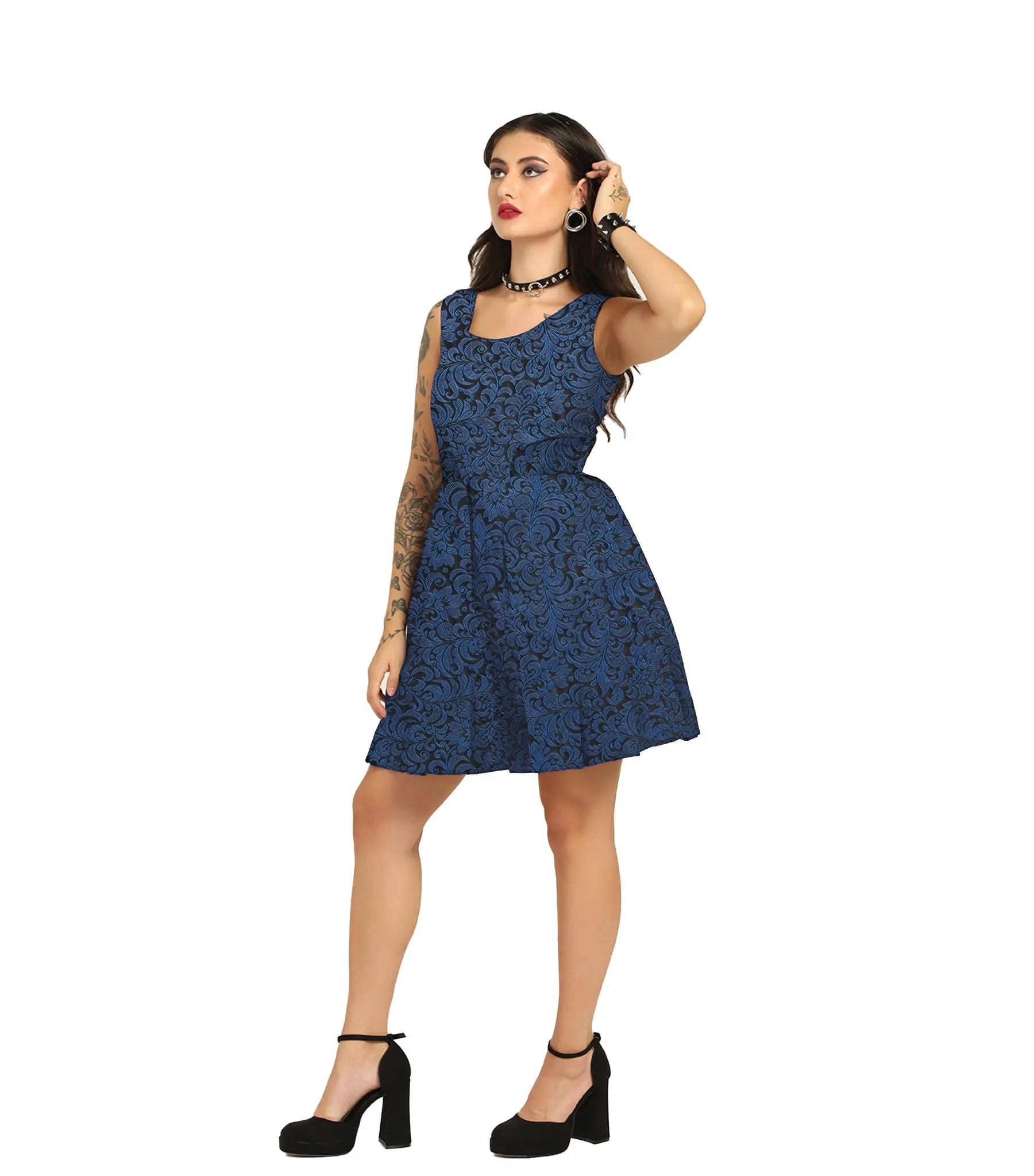Blue Brocade Charm - Trendy Pleated Brocade Dress
