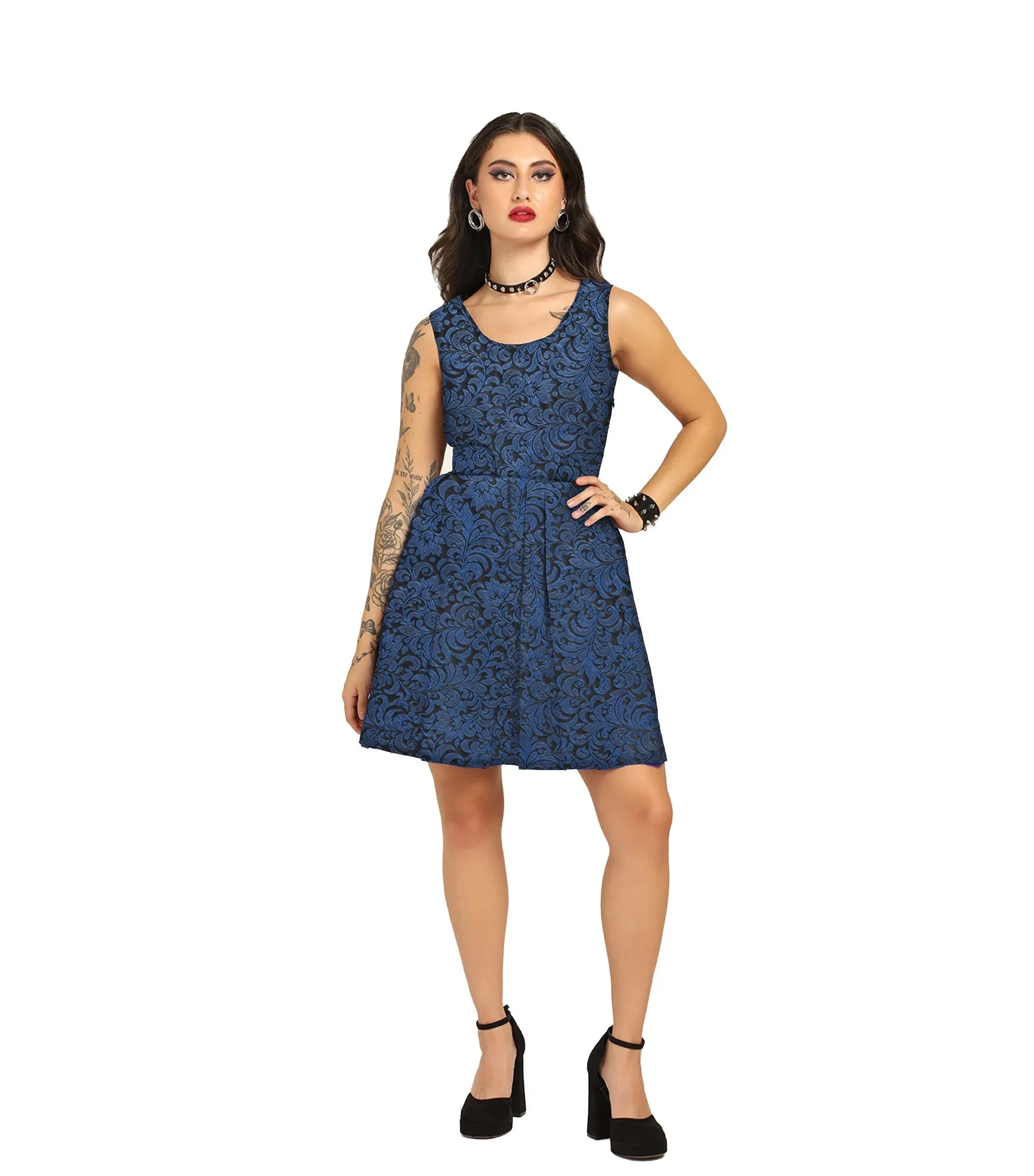 Blue Brocade Charm - Trendy Pleated Brocade Dress