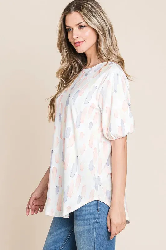 BOMBOM Round Neck Puff Short Sleeve Top In Blush Pink