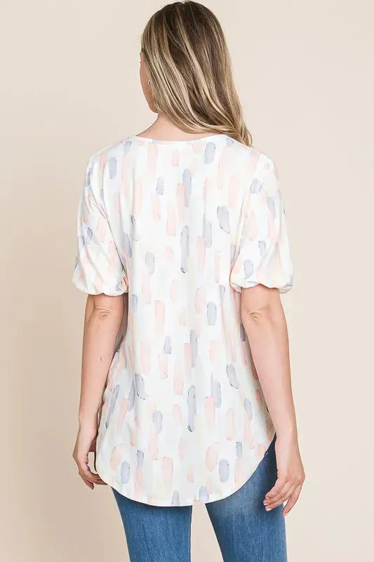 BOMBOM Round Neck Puff Short Sleeve Top In Blush Pink