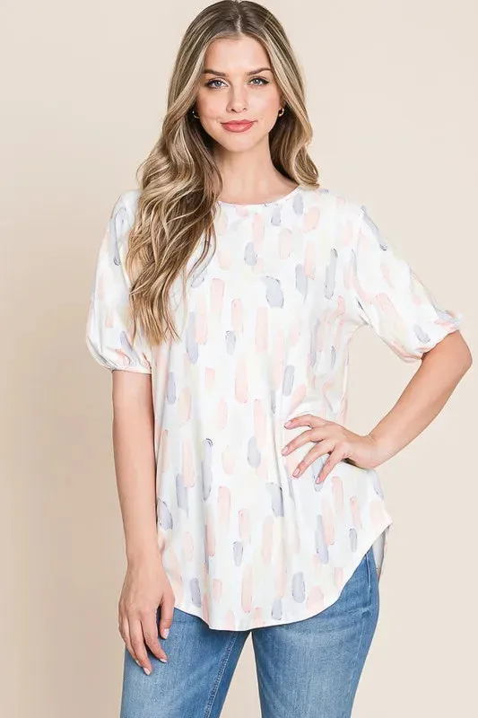 BOMBOM Round Neck Puff Short Sleeve Top In Blush Pink