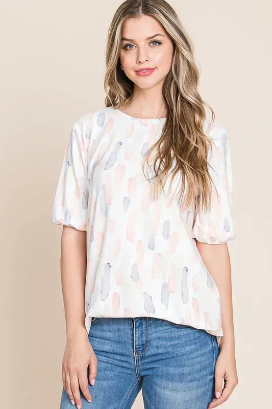 BOMBOM Round Neck Puff Short Sleeve Top In Blush Pink
