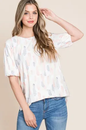 BOMBOM Round Neck Puff Short Sleeve Top In Blush Pink