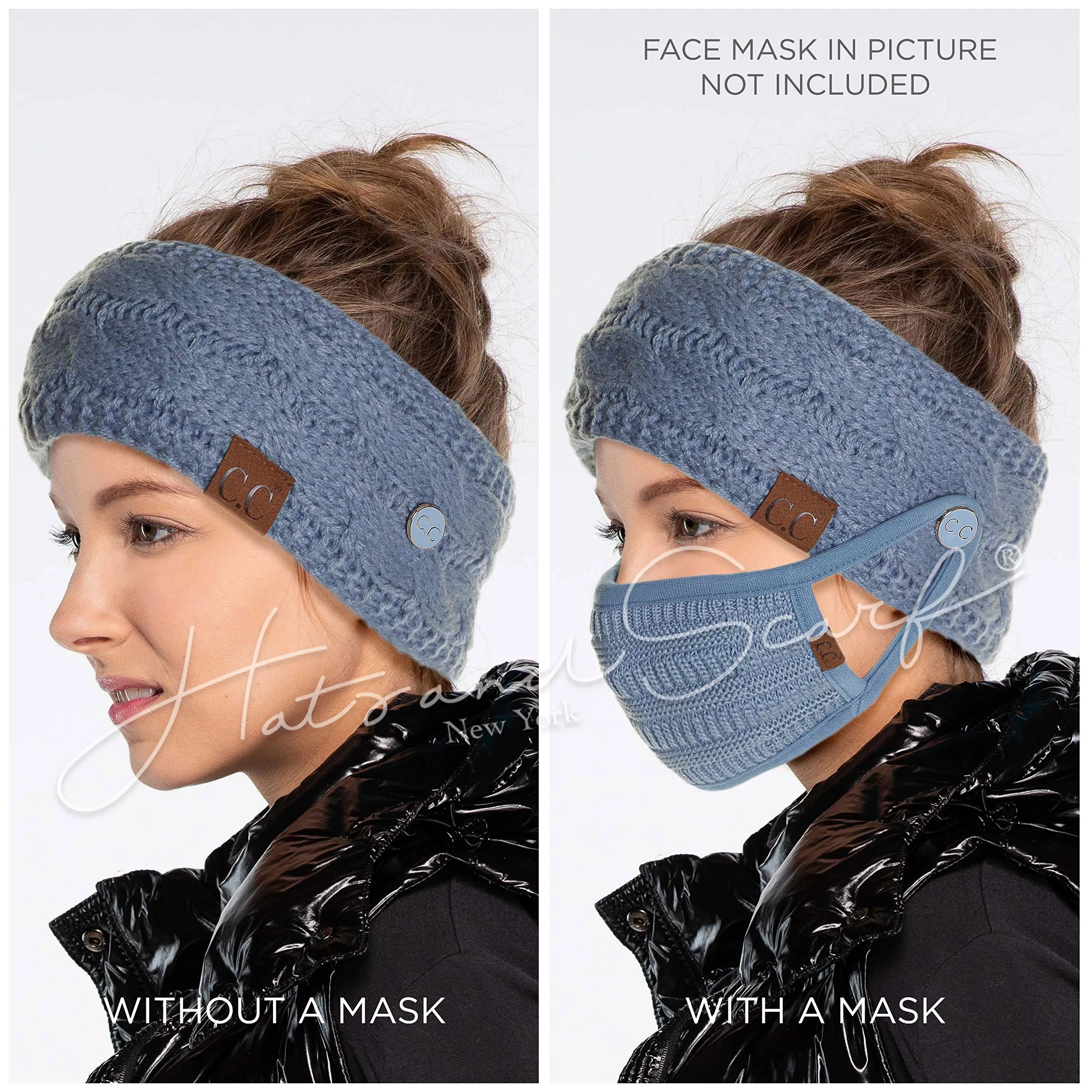 C.C Winter Fuzzy Fleece Lined Thick Knitted Headband Headwrap Epoxy Button for Face Masks (BHW-1) (A Button Grey Multi (#31))
