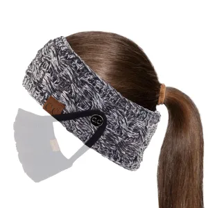 C.C Winter Fuzzy Fleece Lined Thick Knitted Headband Headwrap Epoxy Button for Face Masks (BHW-1) (A Button Grey Multi (#31))