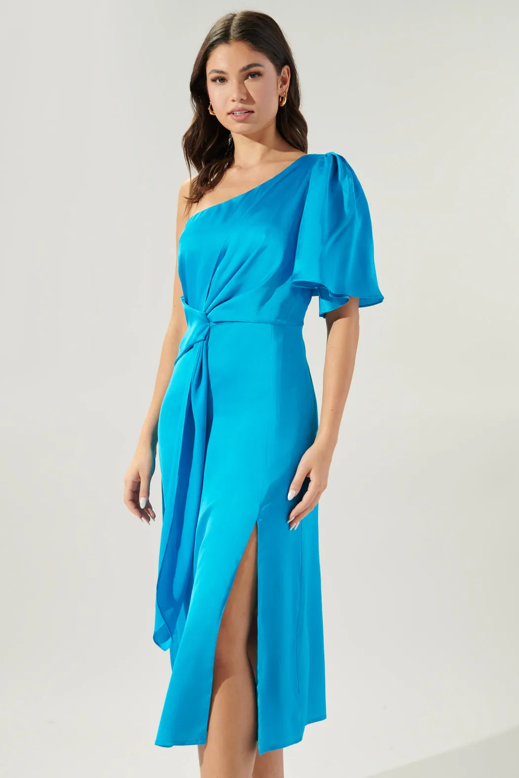 Chateau Satin One Shoulder Twist Front Midi Dress