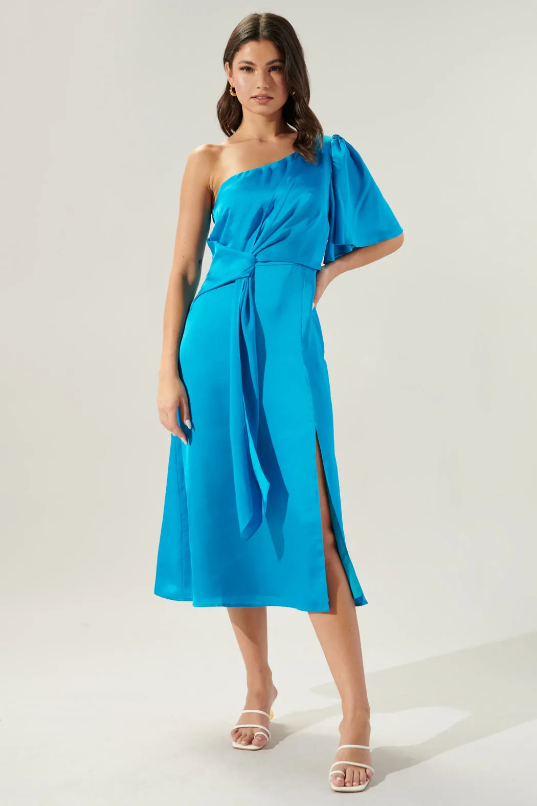 Chateau Satin One Shoulder Twist Front Midi Dress