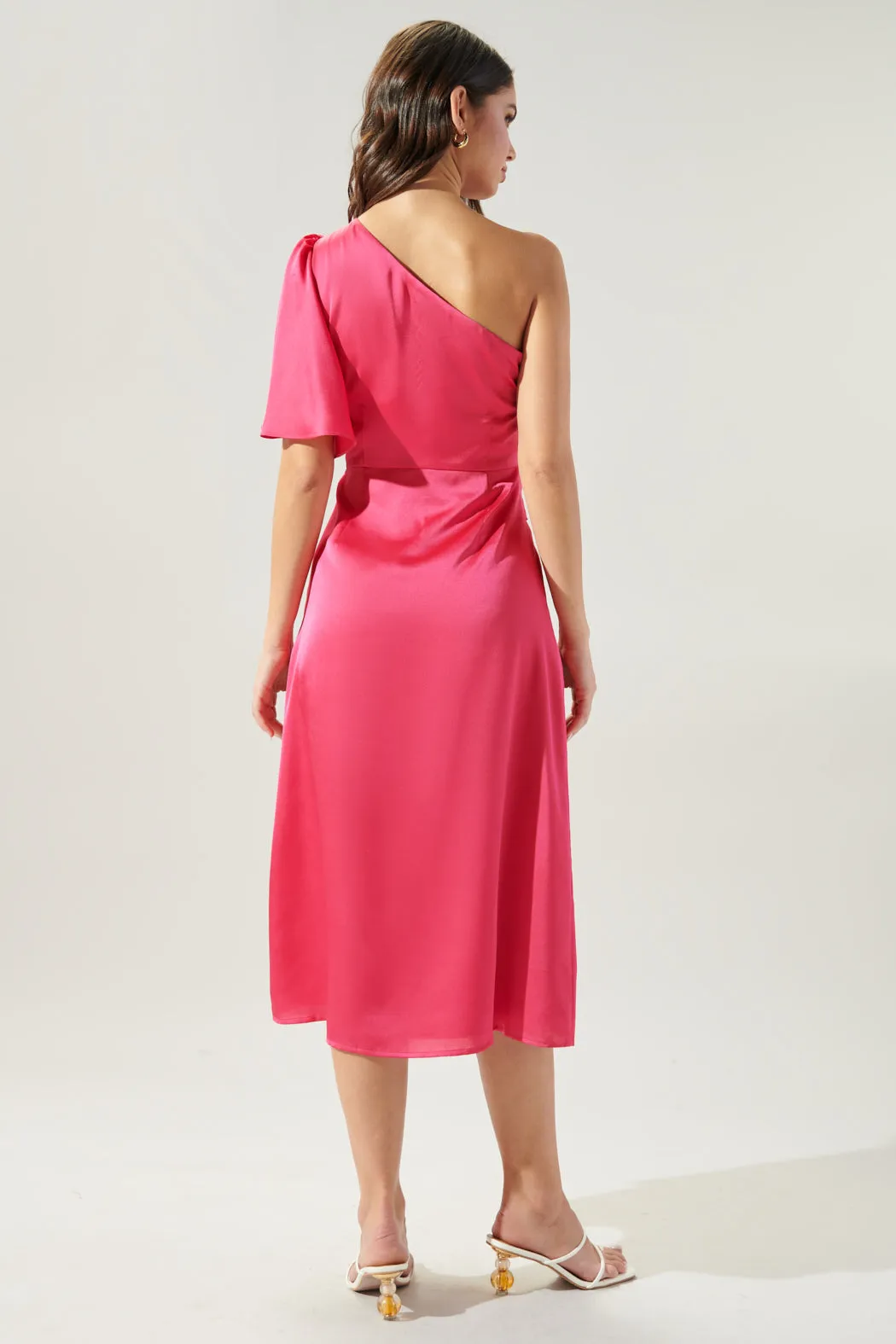 Chateau Satin One Shoulder Twist Front Midi Dress