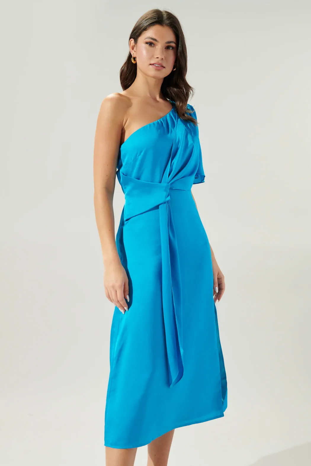 Chateau Satin One Shoulder Twist Front Midi Dress