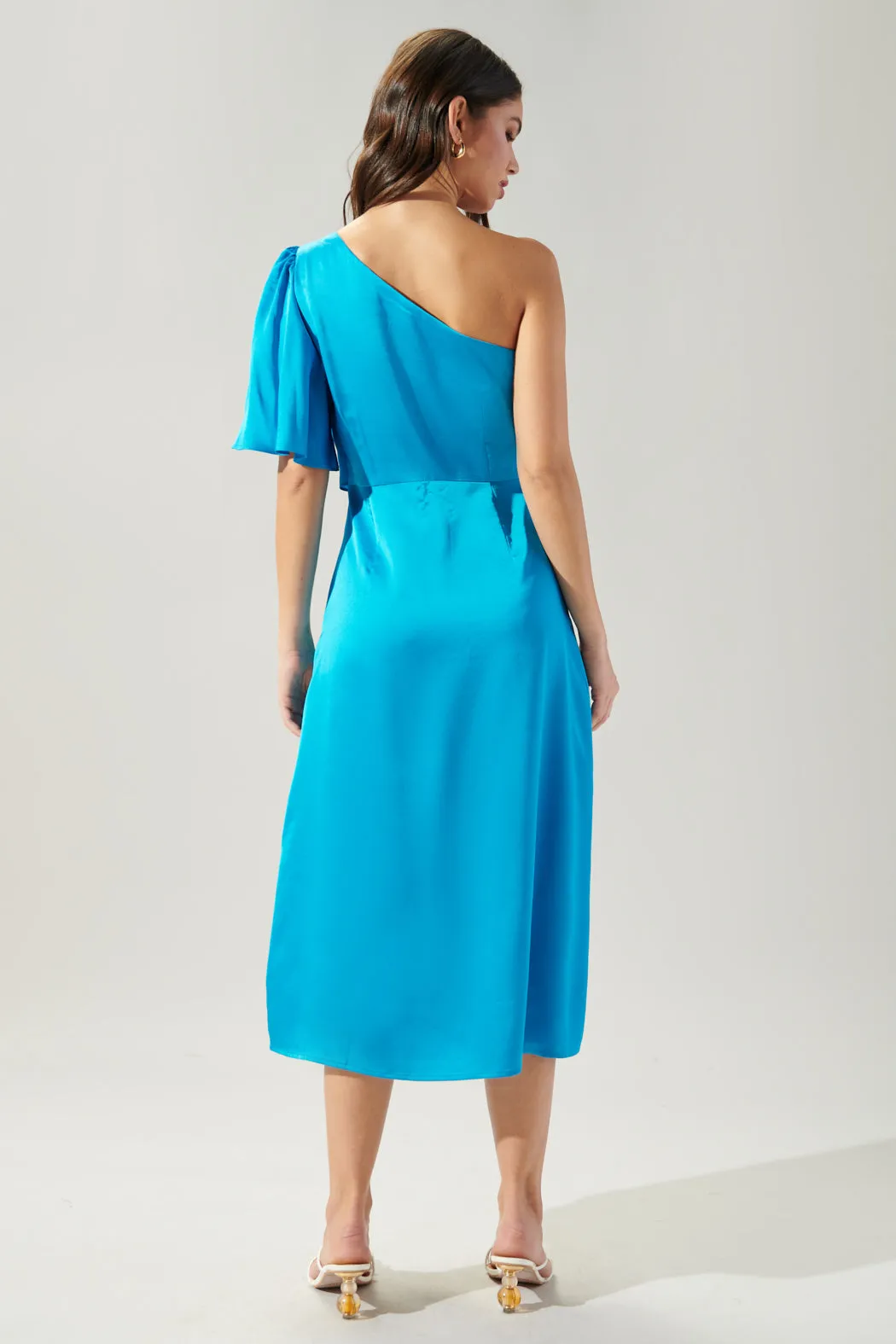 Chateau Satin One Shoulder Twist Front Midi Dress