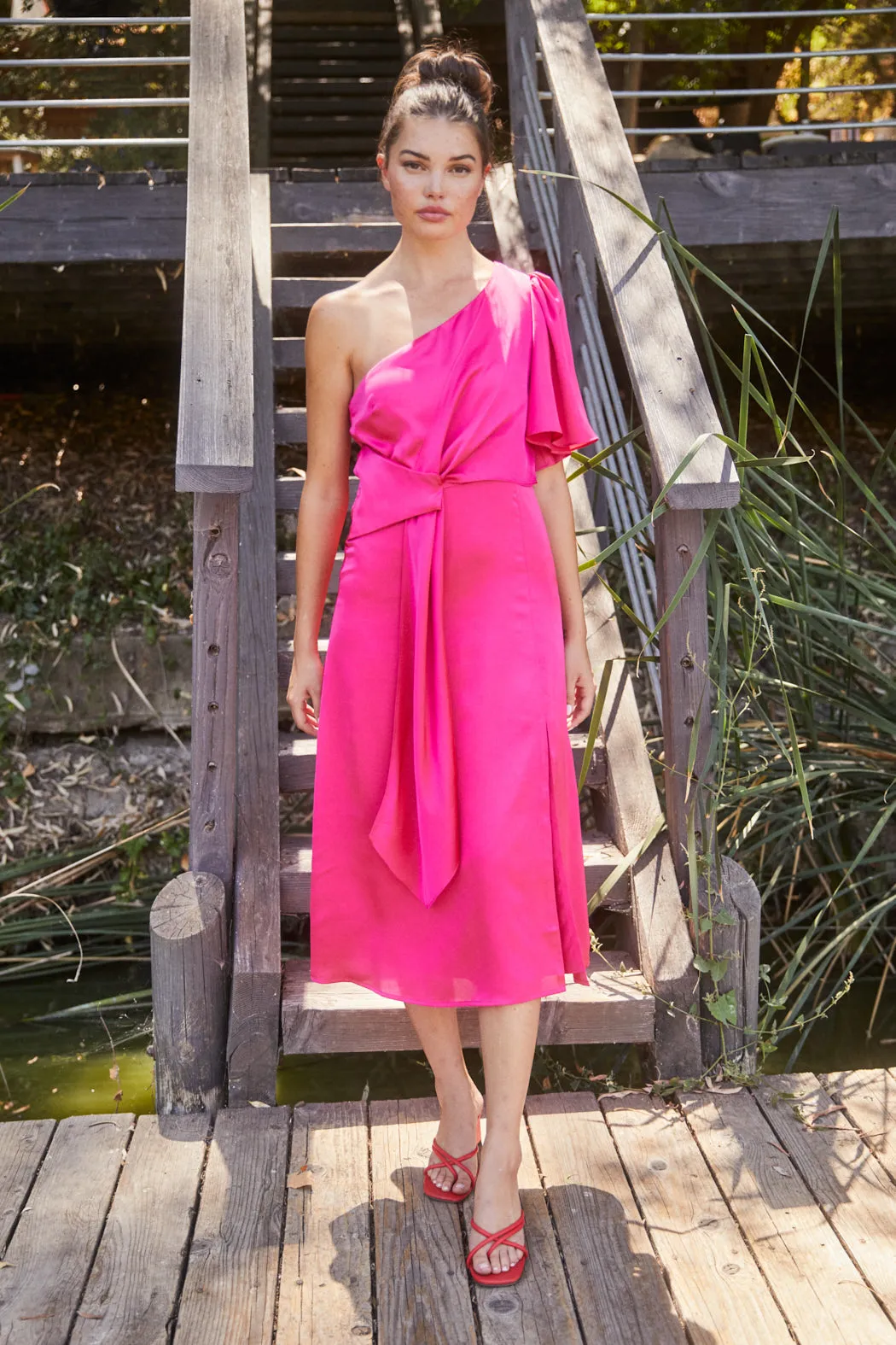 Chateau Satin One Shoulder Twist Front Midi Dress