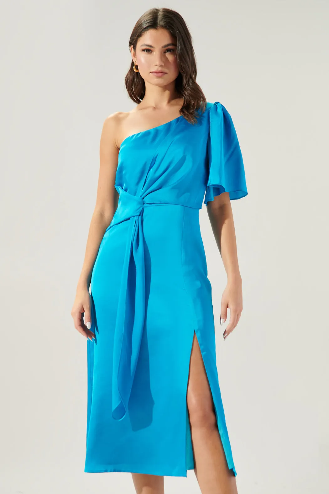 Chateau Satin One Shoulder Twist Front Midi Dress