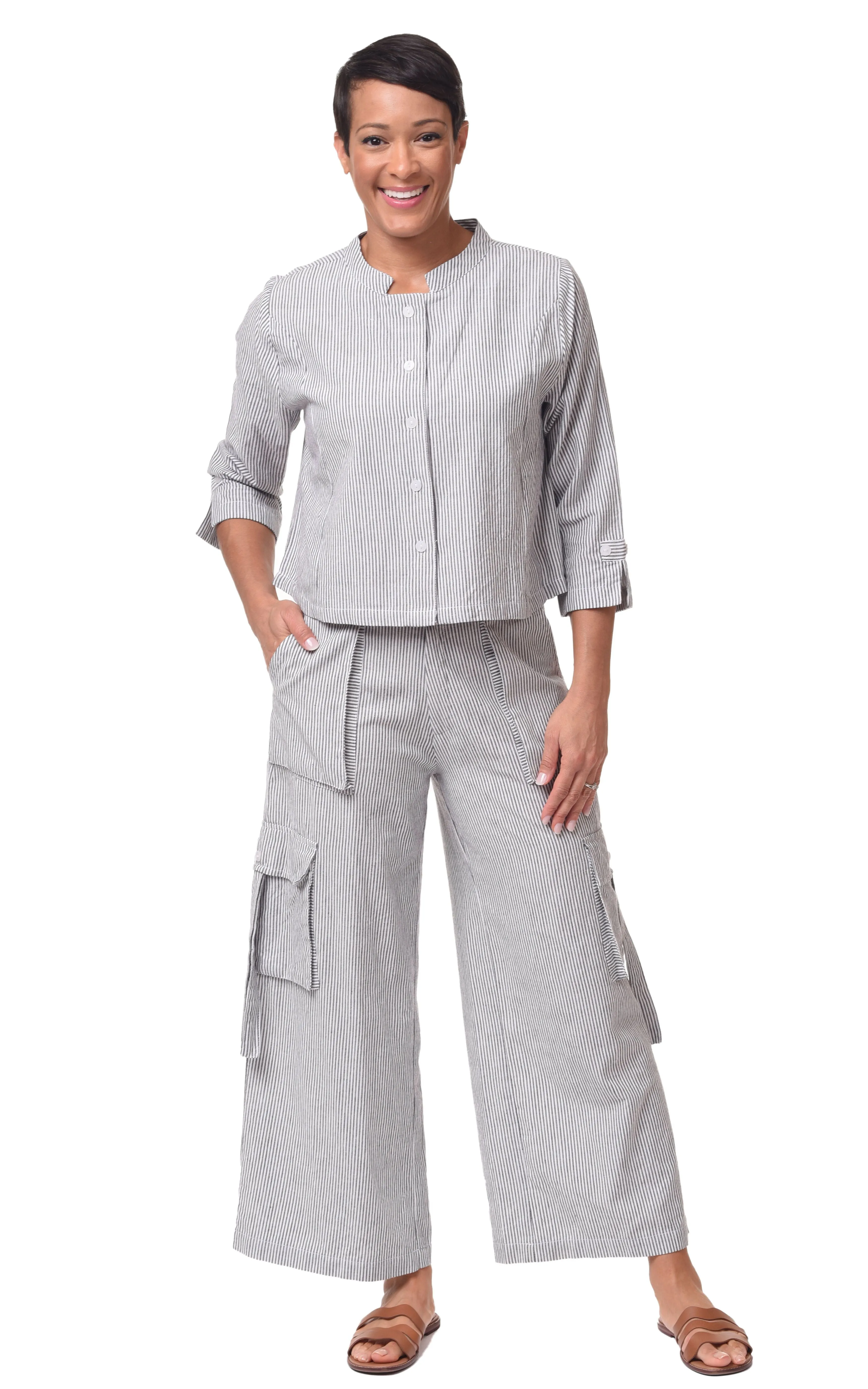 Dakota Womens Cotton Jacket Top in Ticking Stripe