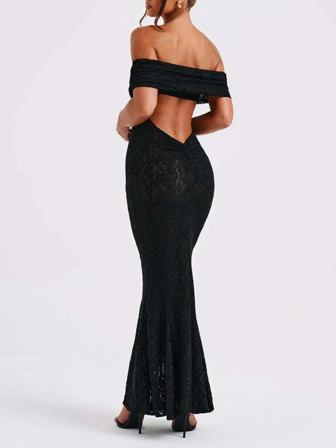 Devine Backless Lace Off-Shoulder Maxi Dress