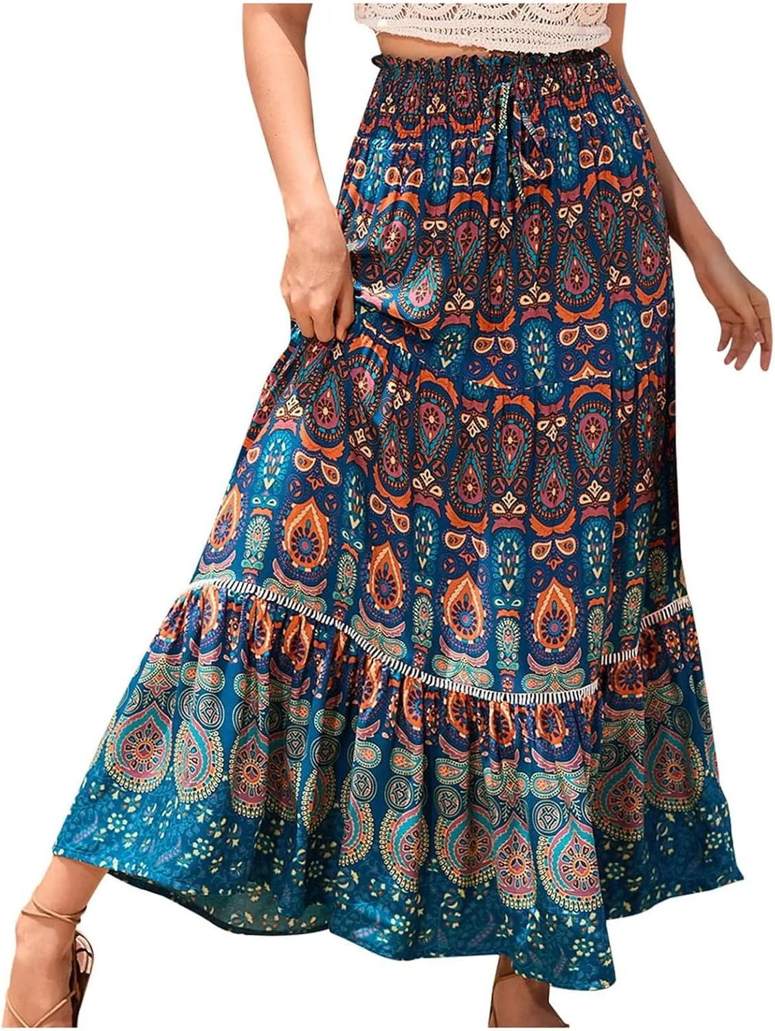 Floral Boho Maxi Skirt for Women Summer Flowy Long Skirt Comfy Pleated Vacation Beach Color Block A-Line Skirts