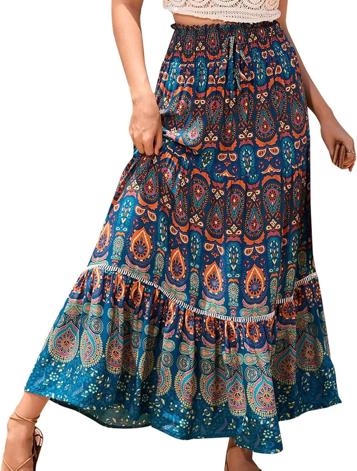 Floral Boho Maxi Skirt for Women Summer Flowy Long Skirt Comfy Pleated Vacation Beach Color Block A-Line Skirts