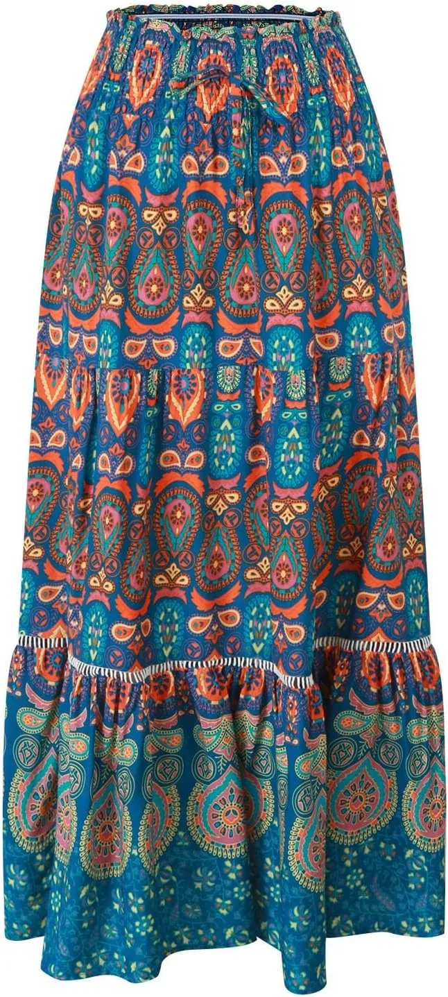Floral Boho Maxi Skirt for Women Summer Flowy Long Skirt Comfy Pleated Vacation Beach Color Block A-Line Skirts