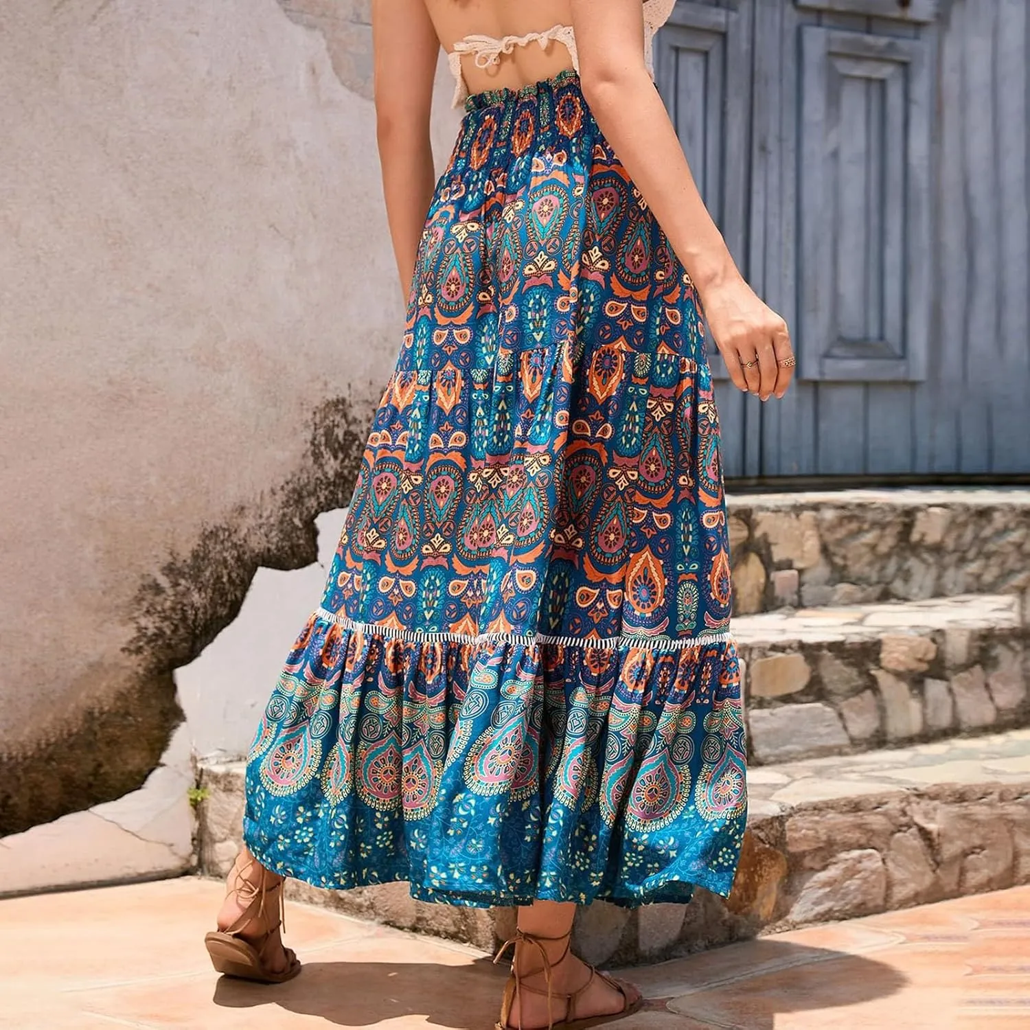 Floral Boho Maxi Skirt for Women Summer Flowy Long Skirt Comfy Pleated Vacation Beach Color Block A-Line Skirts