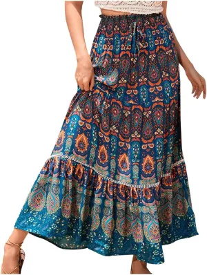 Floral Boho Maxi Skirt for Women Summer Flowy Long Skirt Comfy Pleated Vacation Beach Color Block A-Line Skirts