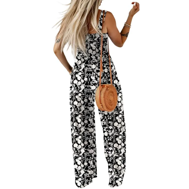 Floral Print Sleeveless Jumpsuit With Pockets