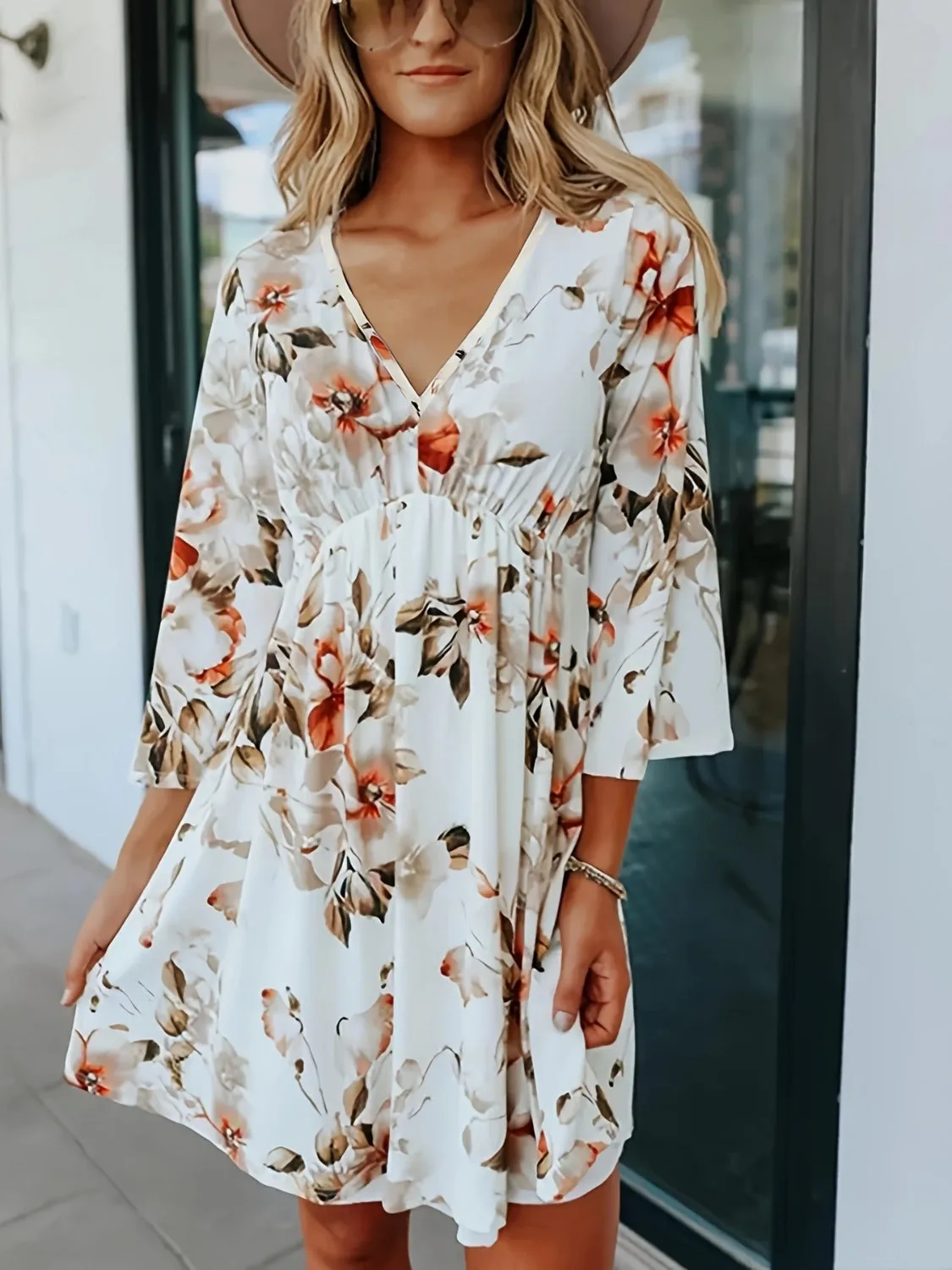 Floral Three-Quarter Sleeve Mini Dress