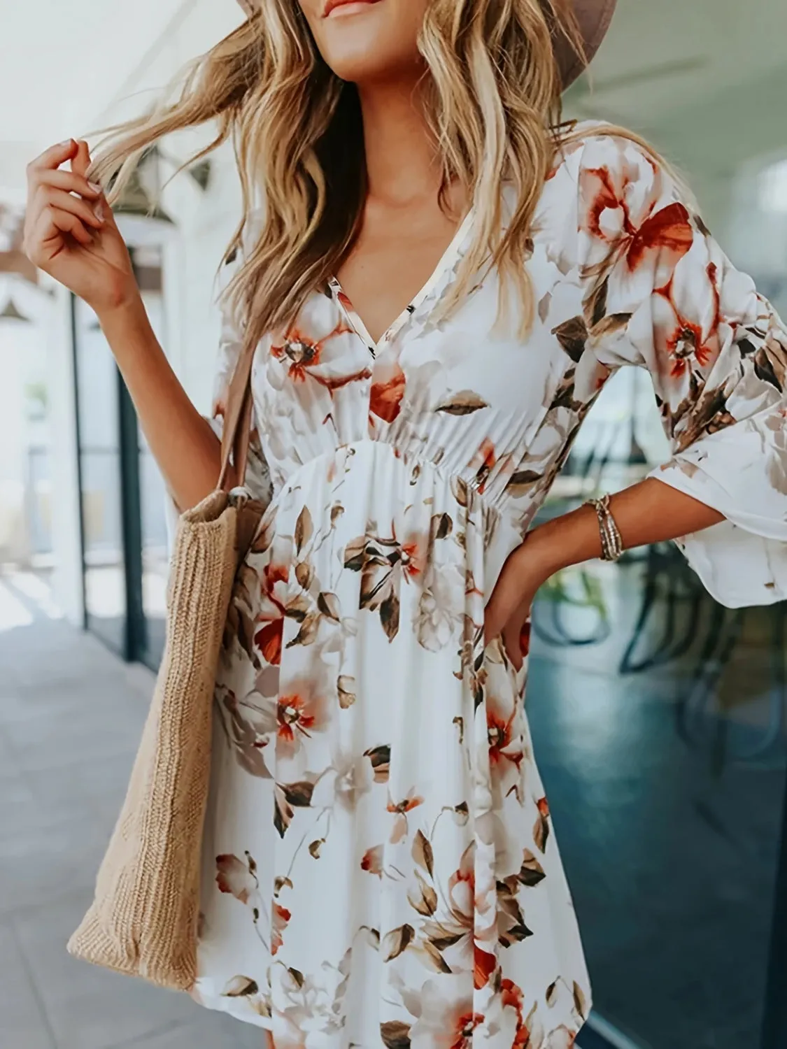 Floral Three-Quarter Sleeve Mini Dress