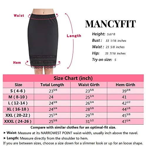 Half Slips for Women Underskirt Dress Extender Lace Trim Knee Length Midi Skirt 19-26" Length Black Medium
