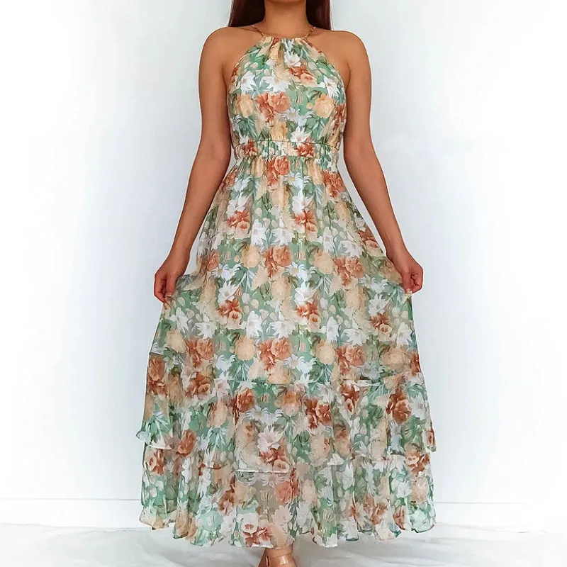 Halter Neck in Chiffon Print Summer Women's Sleeveless Maxi Dress