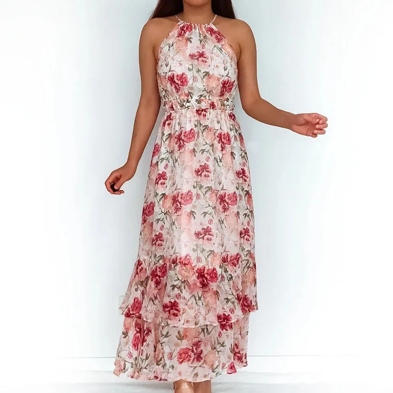 Halter Neck in Chiffon Print Summer Women's Sleeveless Maxi Dress