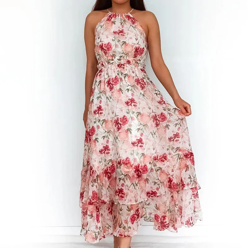 Halter Neck in Chiffon Print Summer Women's Sleeveless Maxi Dress