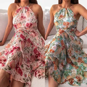 Halter Neck in Chiffon Print Summer Women's Sleeveless Maxi Dress