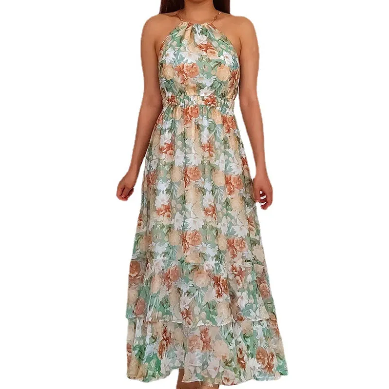 Halter Neck in Chiffon Print Summer Women's Sleeveless Maxi Dress
