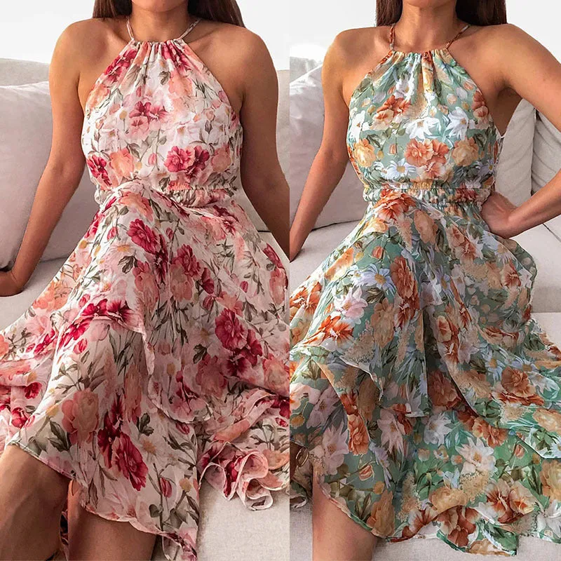 Halter Neck in Chiffon Print Summer Women's Sleeveless Maxi Dress