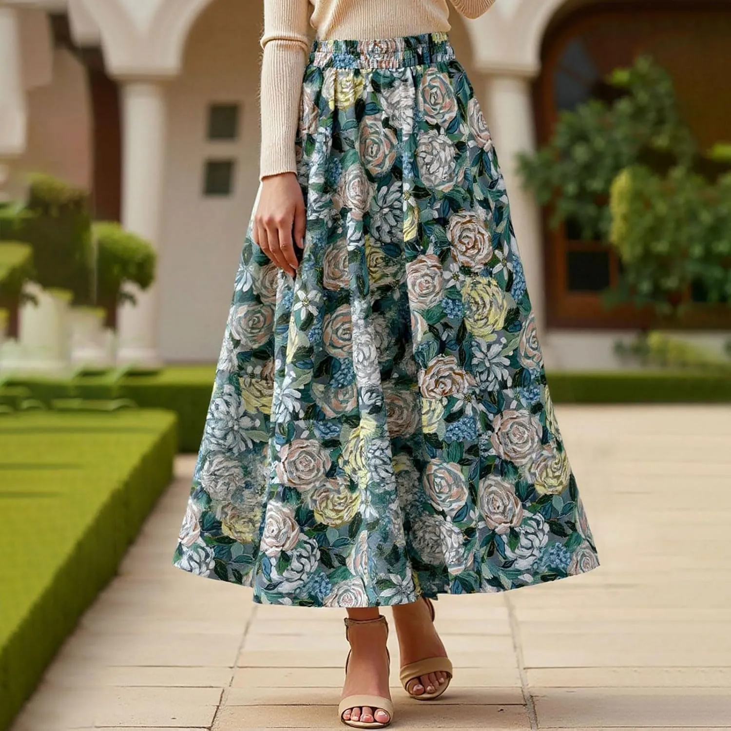 High Waisted Long Skirts for Women Ruffle Tiered Flowy A-Line Floral Skirt Vacation Summer Casual Beach Boho Dress