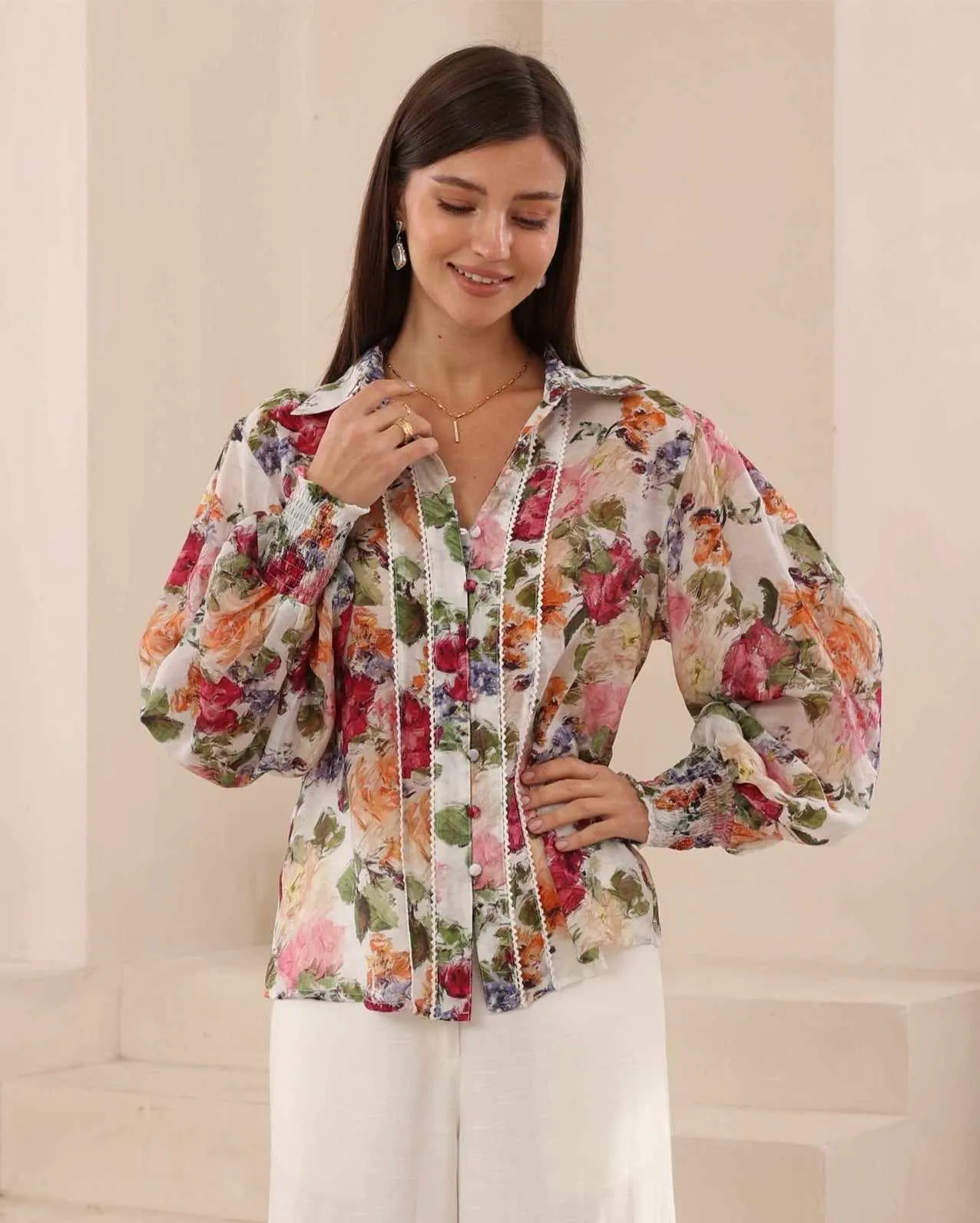 Iris Maxi Maya Blouse Top with Collar Long Sleeve Buttons - Rosalie