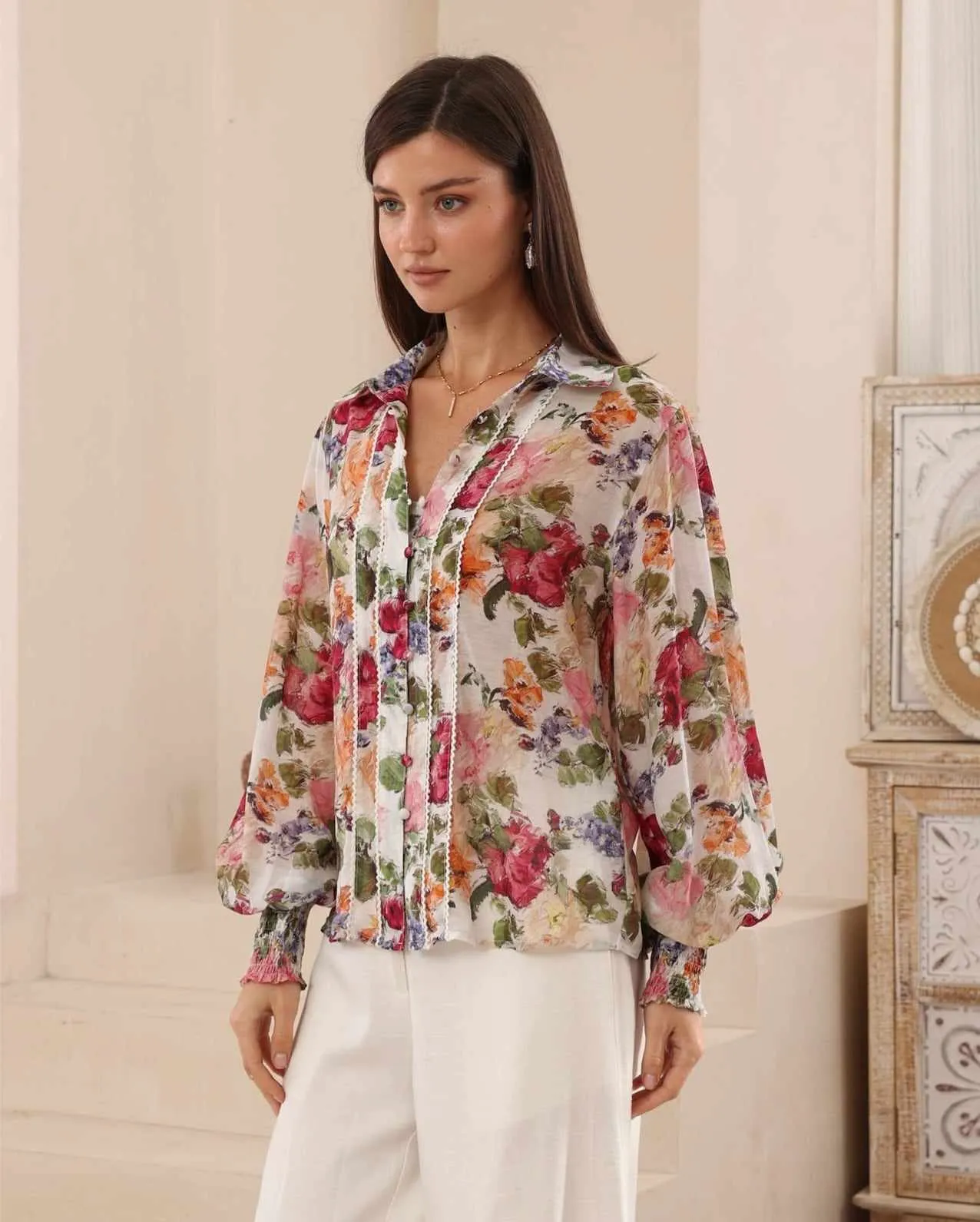 Iris Maxi Maya Blouse Top with Collar Long Sleeve Buttons - Rosalie