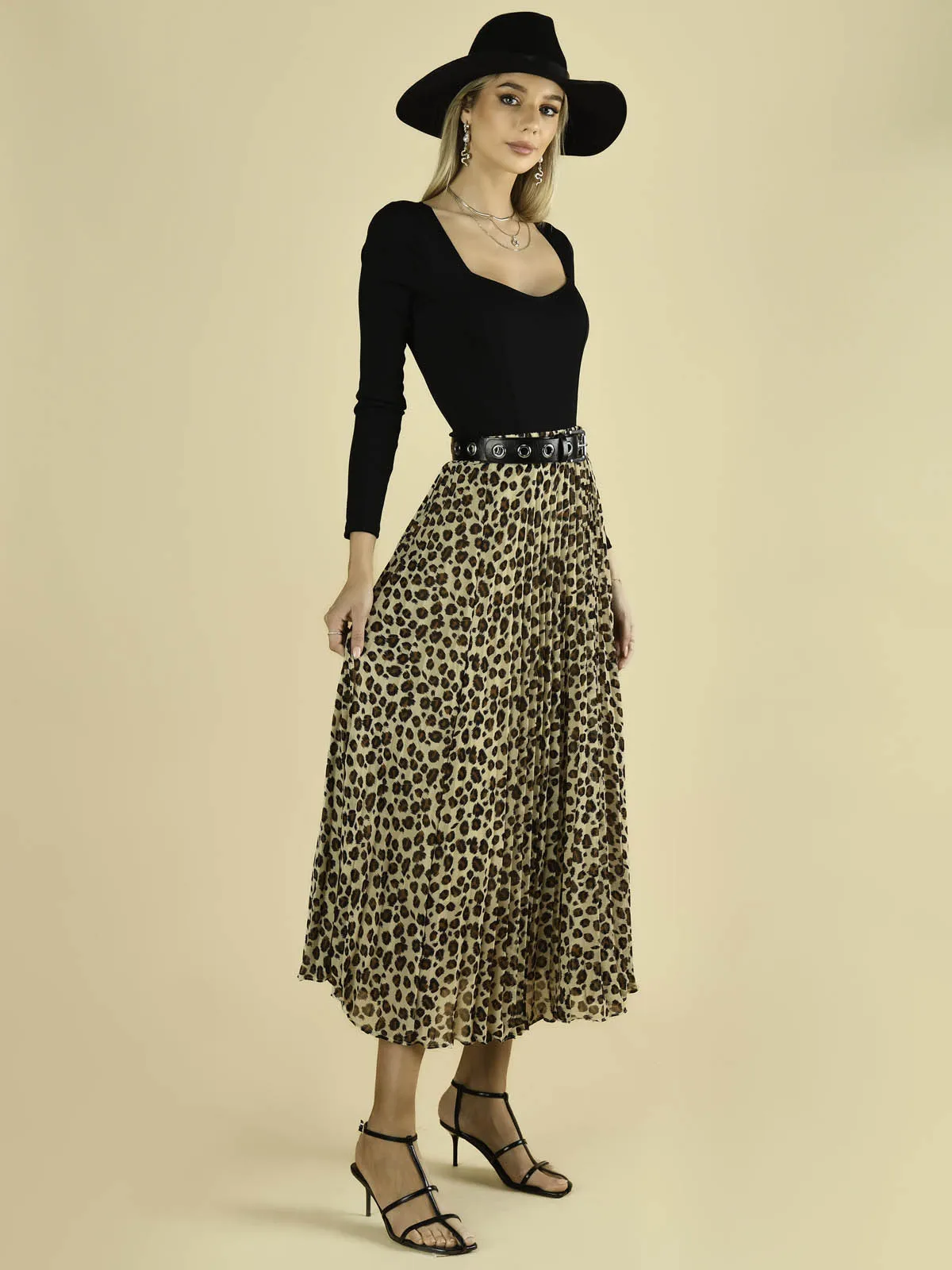 Jolie Moi Leopard Print Chiffon Skirt, Beige Leo