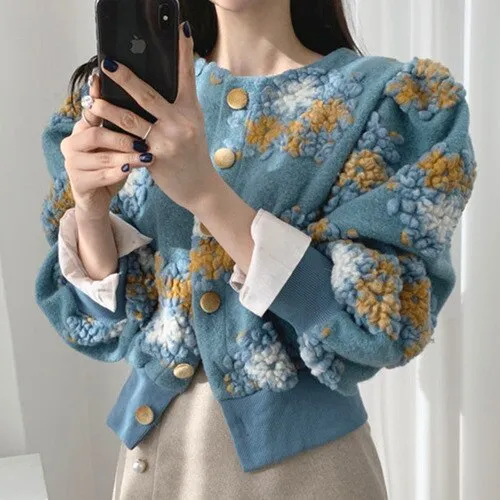 Joskaa Christmas Gift Stylish Temperament Jacket Lantern Sleeve Slim Waist Coat Female 2024 Autumn New 3D Flower Plush O-neck Women Jackets