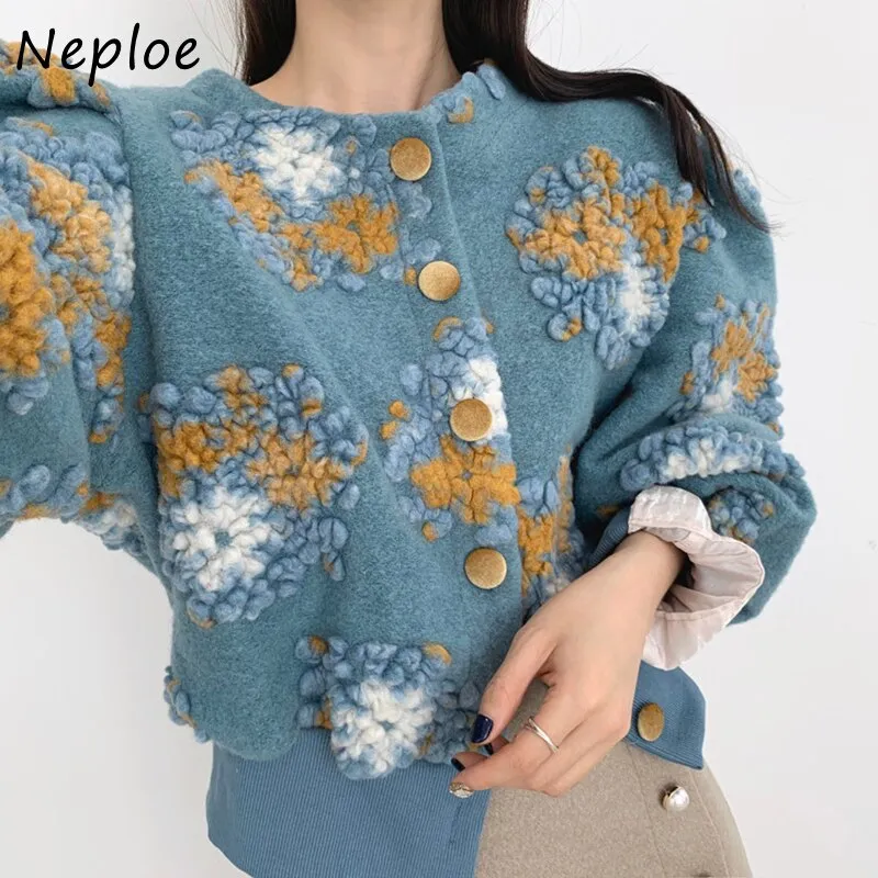 Joskaa Christmas Gift Stylish Temperament Jacket Lantern Sleeve Slim Waist Coat Female 2024 Autumn New 3D Flower Plush O-neck Women Jackets
