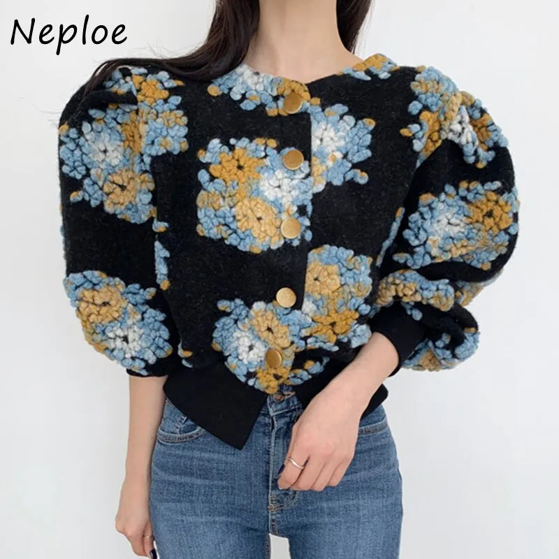Joskaa Christmas Gift Stylish Temperament Jacket Lantern Sleeve Slim Waist Coat Female 2024 Autumn New 3D Flower Plush O-neck Women Jackets